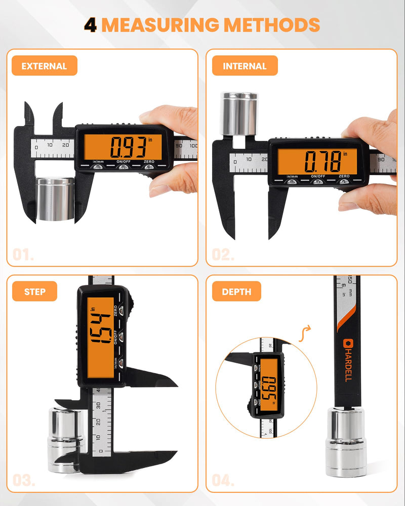 HARDELL Rechargeable Digital Caliper, 6" Plastic Calipers with Large Orange Screen (Non-Backlit), Inch/mm, Auto-Off Micrometer – Everyday Caliper Measuring Tool for Woodworking, DIY & Household