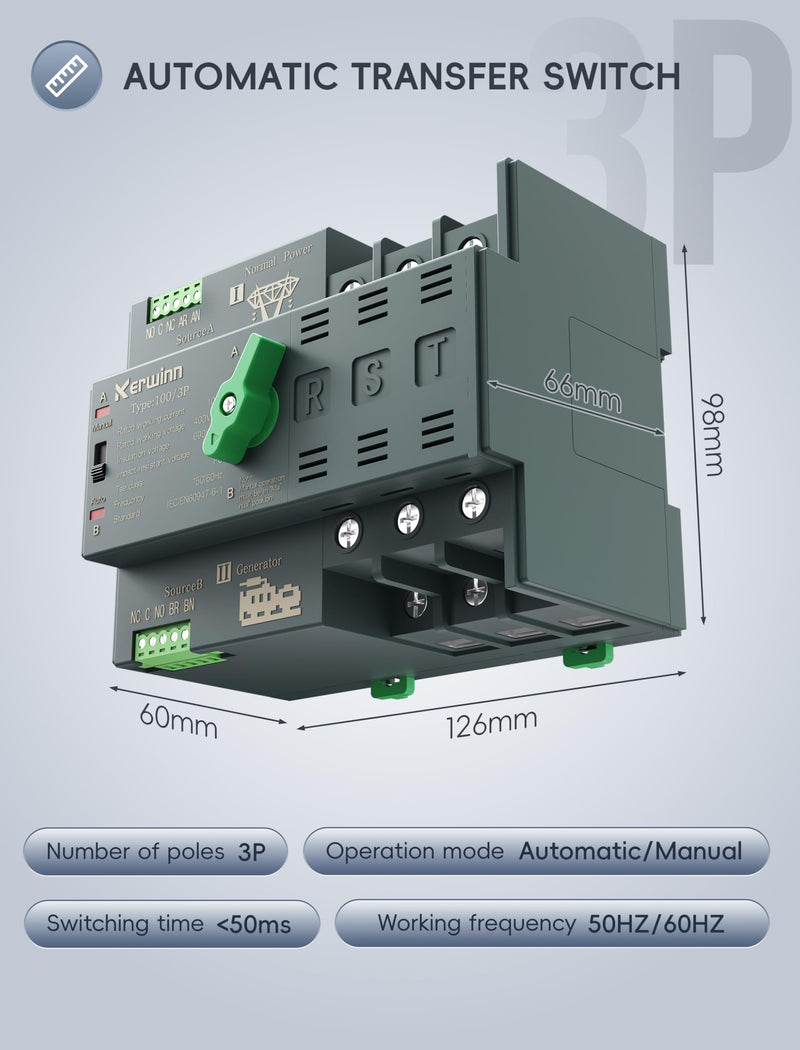 Mini ATS Automatic Transfer Switch 100 amp Manual Transfer Switch Power Transfer Switch 220V Dual Power Electrical Selector Switches DIN Rail Mount（3P） 3P