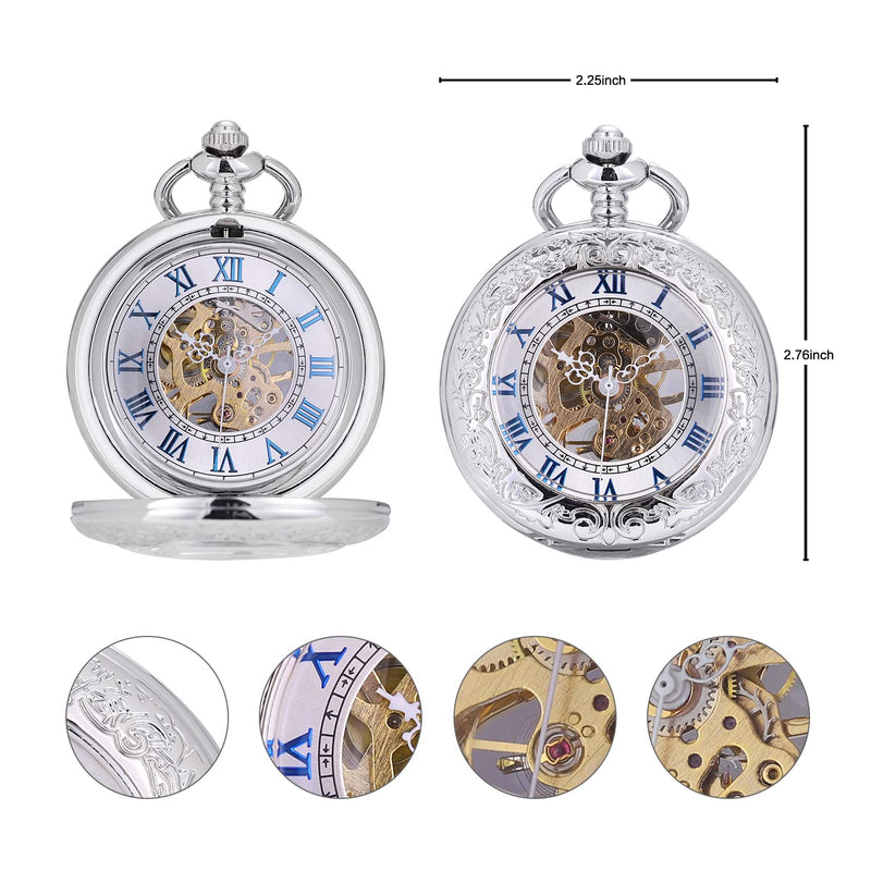 ManChDa Pocket Watch Retro Smooth Classic Mechanical Hand-Wind Pocket Watch Steampunk Roman Numerals Fob Watch for Men Women with Chain + Box A. Silver