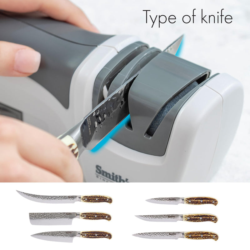 Smith’s 50097 Compact Electric Knife Sharpener | White & Grey | Kitchen Knife 2 Stage Sharpener | Electric & Manual | Blade Guide | Quick Sharpening & Polishing | Straight Edge Blades | Handheld OS