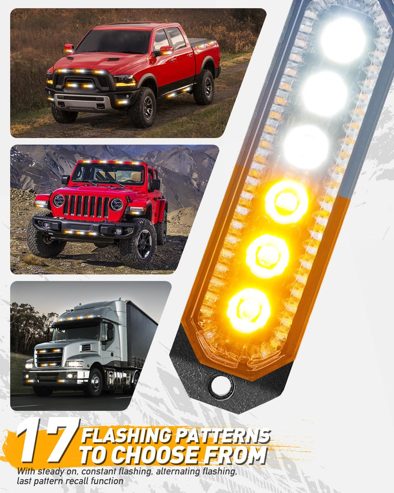 HLauto 406T Emergency Strobe Grille Lights: 4Pcs 6 LED Sync Feature Safety Warning Flashing Light, 12V-24V Ultra Slim Surface Mount Hazard Caution Light for Truck, Vehicle, Car, ATV, UTV (Amber White) Amber/White