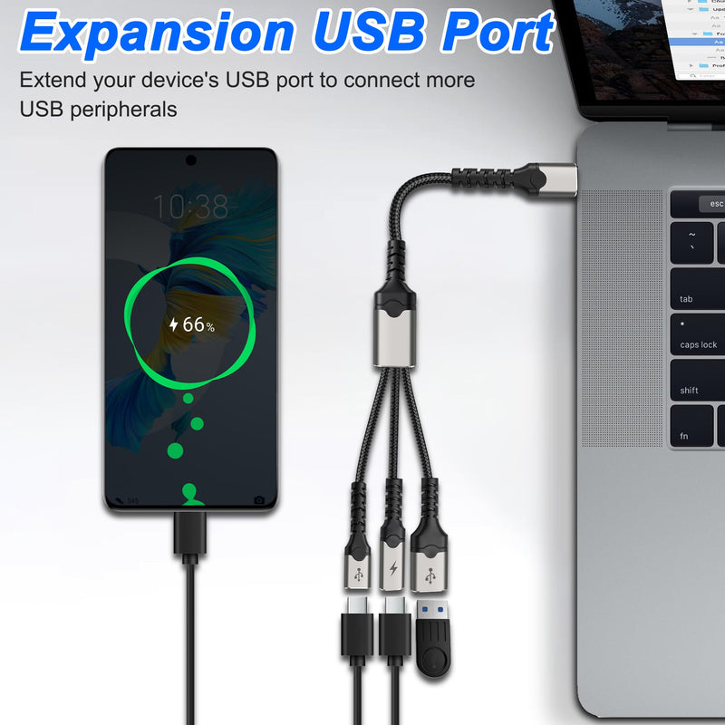 XMSJSIY Type-C Male to 2 USB-C Female& 1 USB-A Female Y Splitter Cable | 1 in 3 Out Charging Cable PD 60W Fast Charging and OTG Port Data Transfer Converter Cable - 30CM/11.8INCH