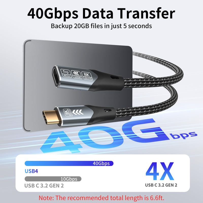 USB-c Extension Cable Long 10FT Compatible with Thunderbolt 4 Extension Cable high Speed 40Gbps Data Transfer, USB c Male to Female, 8K Display/Video 100W, for Docking Station 10ft/3M
