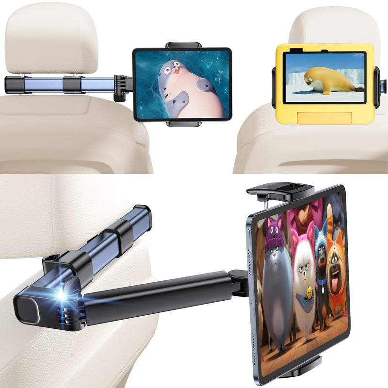 Tablet Holder Car Headrest Backseat Mount:[3 in 1 Long Arm ] Headrest Tablet Holder Fit iPad Car Mount Travel Accessory Car Tablet Holder Back Seat for Kids Adults Universal for All 4.7-12.9" Devices