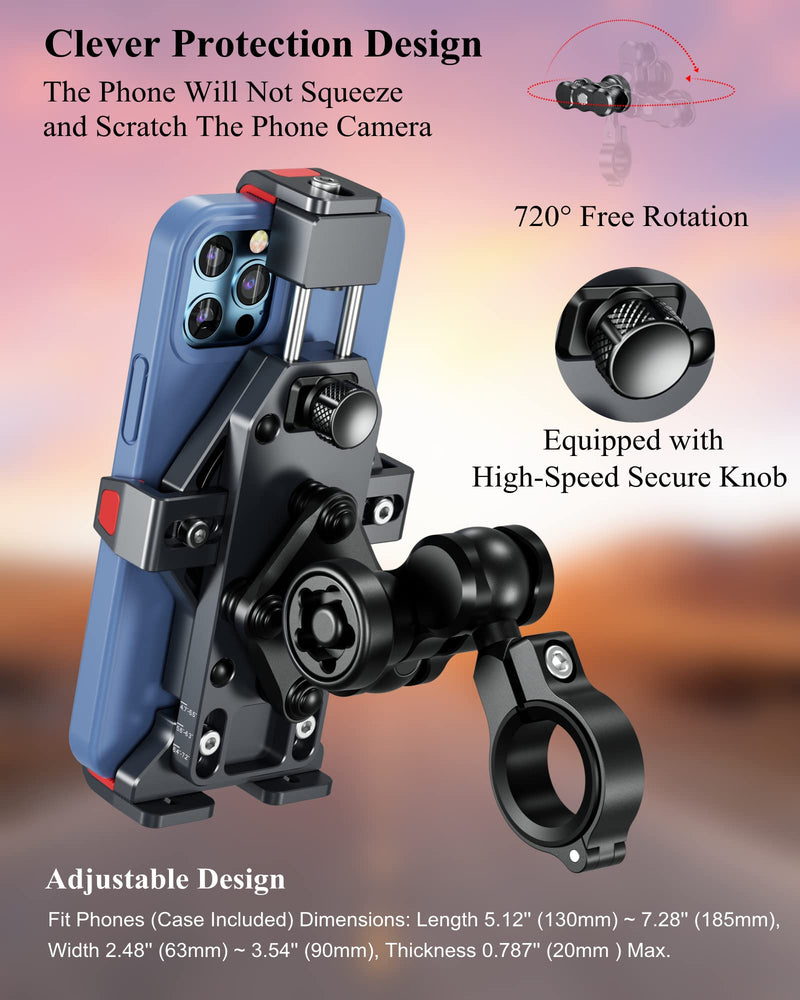 BRCOVAN Aluminum Alloy Motorcycle Phone Mount with Vibration Dampener & High-Speed Secure Lock, Anti-Theft Handlebar Cellphone Holder for Motorcycle Bike Bicycle Scooter ATV, for 4.7-7.2'' Smartphone BLACK