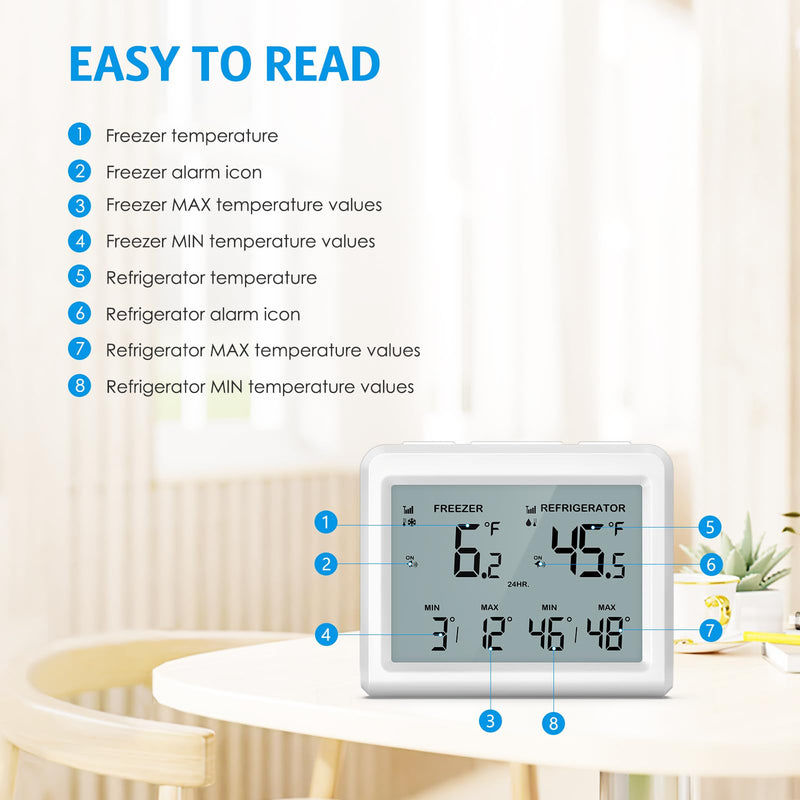 AMIR Wireless Refrigerator Thermometer, Digital Fridge and Freezer Thermometer with Alarm, Freezer Alarm with 2 Sensors, 3.7 inch LCD Fridge Thermometer for Home and Restaurants