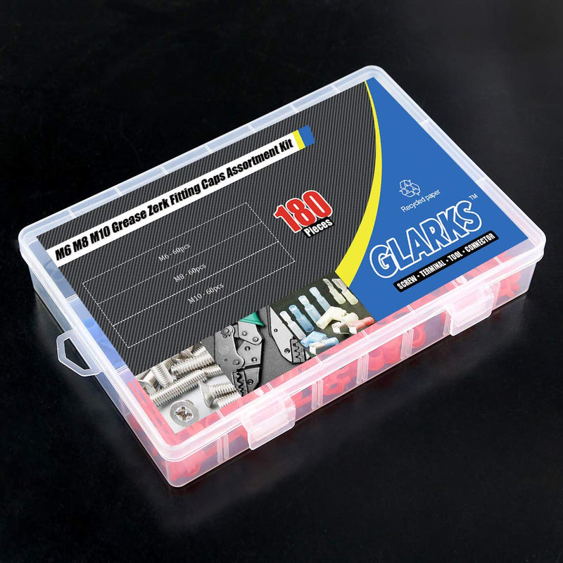 Glarks 180-Pieces M6(Red) M8(Yellow) M10(Black) Grease Zerk Fitting Caps Assortment Kit Brake Bleeder Screw Caps Dust Cover With Keeper