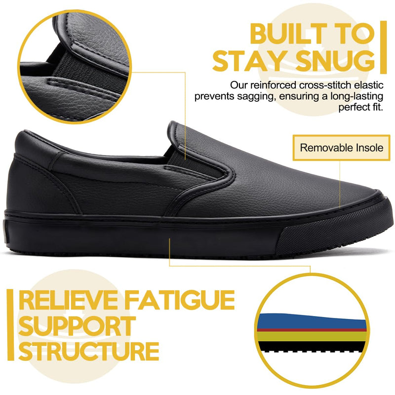 Women's Non-Slip Work Shoes, Waterproof Slip-Resistant (Oil & Water) Leather Sneakers for Food Service, Slip On Restaurant Server Shoes, Comfortable Nursing Shoes, Stain Resistant Chef Shoes for Kitchen 7.5 Black