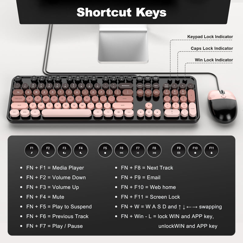 MOFII Wired Keyboard and Mouse Combo, Full-Size Retro Round Keycaps Keyboard with Number Pad, Cute Cat Shape Mouse for Windows 7/8/10/11, Laptop, Desktop, PC, Computer Mocha Gradient