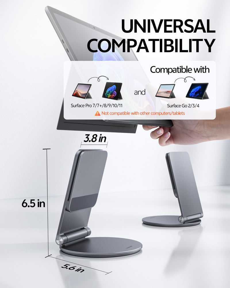 LULULOOK Stand for Surface Pro/Go - Aluminum Alloy 360° Swivel Base, Foldable Tablet Holder/Riser for Microsoft Surface Pro 7–11 & Go 2–4 | Portable Office Desk Accessories, Gray
