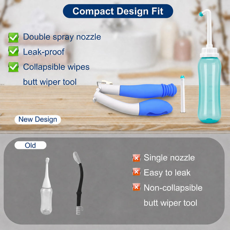 Foldable Toilet Aids Set for Wiping – 2PCS Personal Hygiene Kit with Collapsible Butt Wiper Tool & Dual-Nozzle Peri Bottle , Wiping Aid for Post-Surgery Recovery, Elderly and Travel Use (Blue, Ultra) Blue
