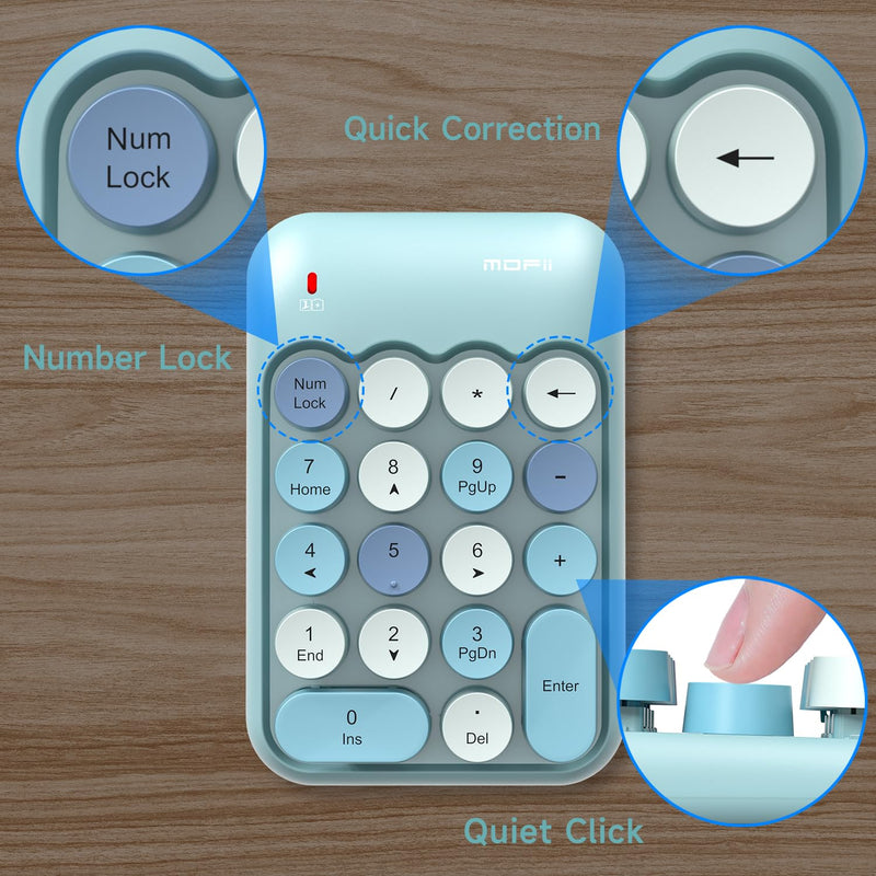 MOFII Wireless Number Pads - Blue Numeric Keypad 18 Keys USB 2.4G Round Keycap Colorful Extensions Keypads, Financial Accounting Portable Numpad 10 Key for Laptop/PC/Notebook/Surface Pro