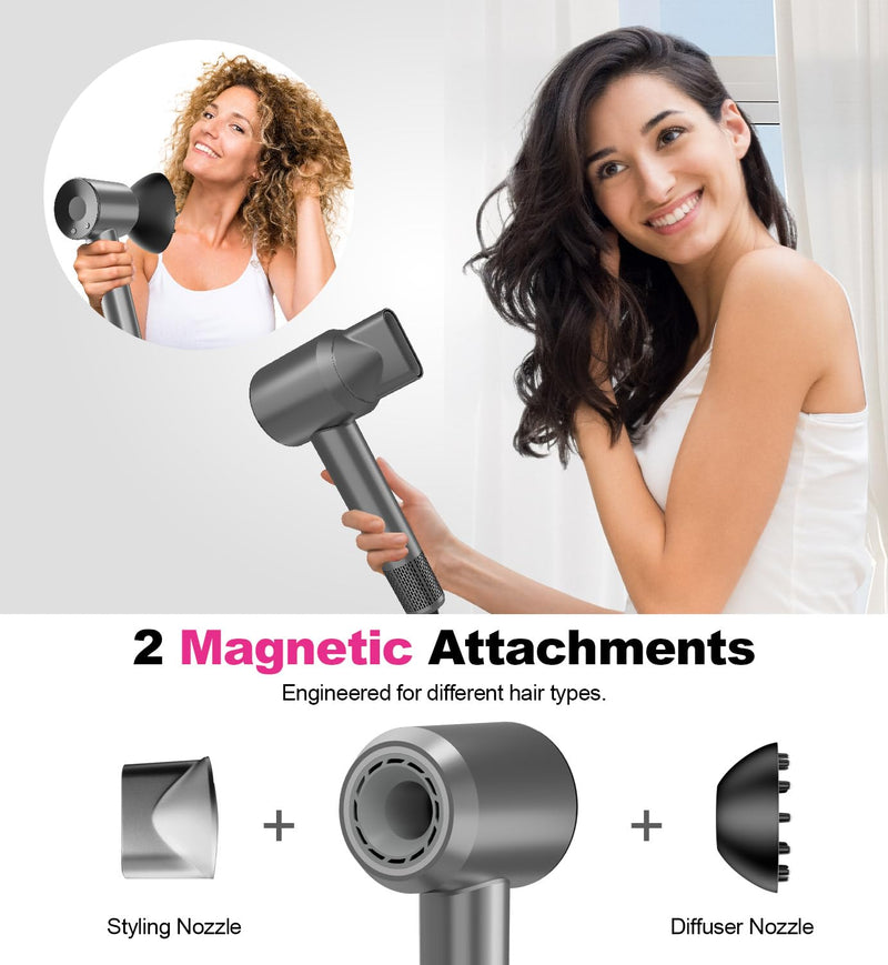 Ionic Hair Dryer – 150,000 RPM Brushless Motor Fast Drying, Professional Hair Blow Dryer with Diffuser, 3 Heat & 3 Speed Settings, Low Noise, Cool Shot, Anti-Frizz Hairdryers for Women & Man Gray