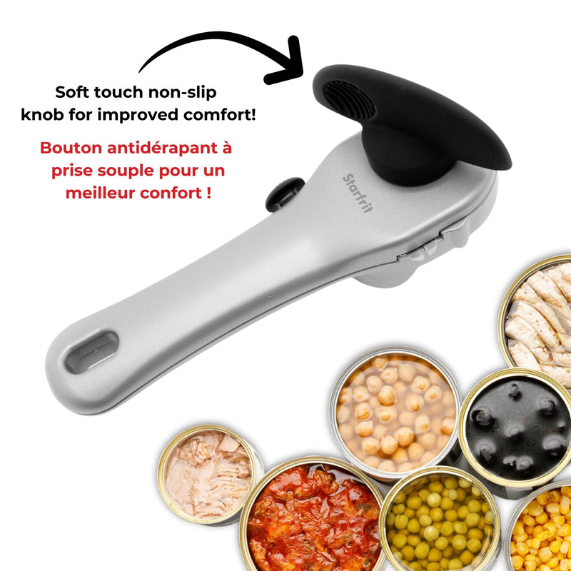 Starfrit Securimax Auto Can Opener - Patented Safe Edge Technology with Lid Lifter - Leaves No Sharp Edges on Lid & Can - Heavy Duty Non-Slip Knob - Grey