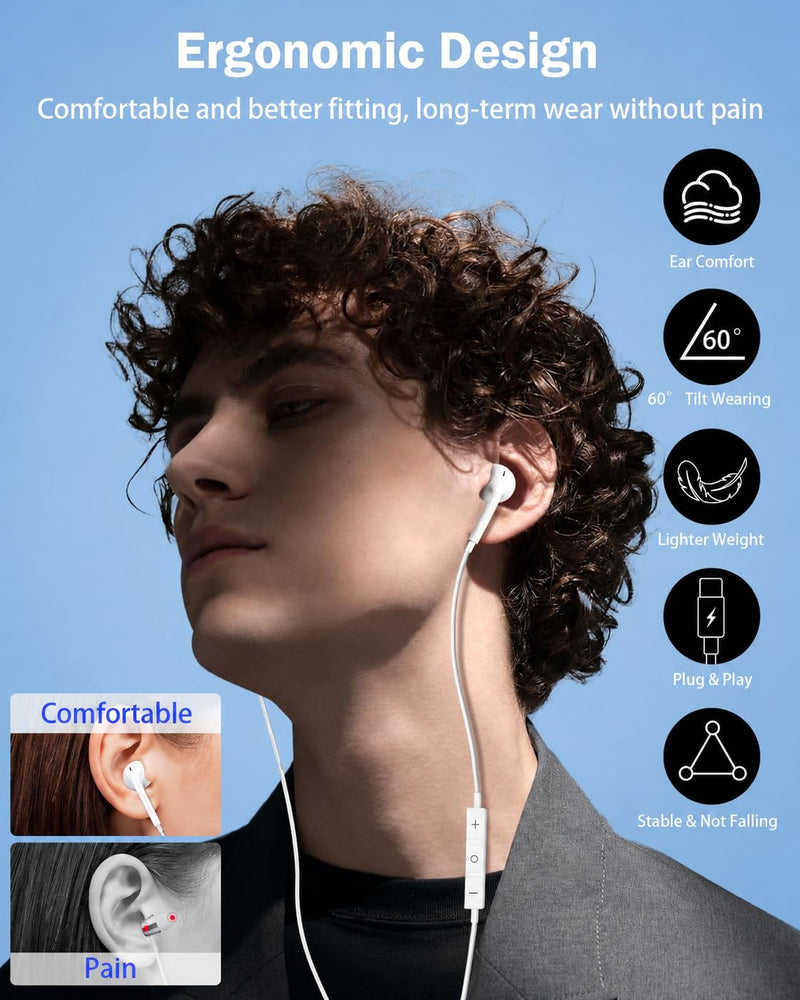 [MFi Certified]USB C Headphones for iPhone 17/16/15, 2 Pack Wired Earphones | Built-In Remote for Music, Calls and Volume Control; Compatible with iPhone 17/16/15, Galaxy and Pixel; 5-Year Warranty. C-white