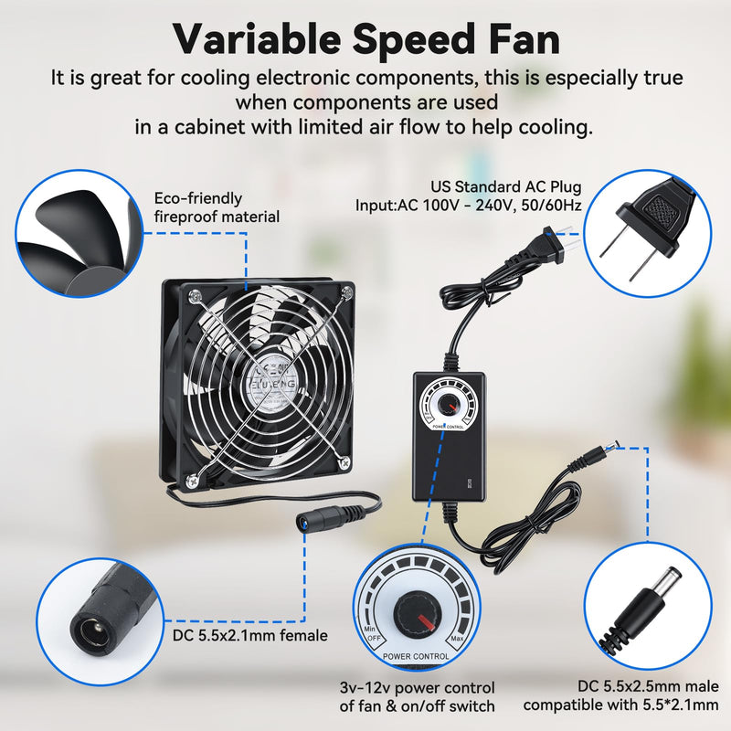 ELUTENG 120mm Computer Fan with AC Plug, 100-220V Variable Speed AC Fan Metal Grill Guard, Max 3000RPM Quiet Ventilation Exhaust Small Box Fan for PC, Server, Cabinet, DVR, Xbox, Greenhouse 120x120x25mm