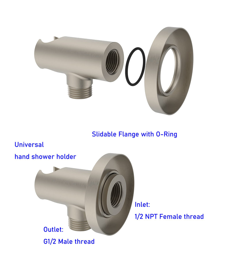 Wall Supply Elbow with O-Ring Flange, Tapered 1/2 NPT Female Inlet, Solid Brass Wall Union W/Handshower Holder, Round Supply Elbow W/Hand Shower bracket, PVD Brushed Nickel, G1/2 Outlet
