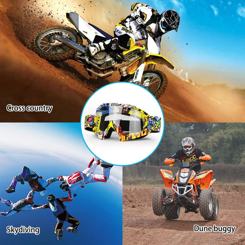 Dirt Bike Goggles, ATV Goggles Adult Motocross Goggles Clear Lens Racing MX Goggle Glasses and Ski Goggles Camo Yellow Frame + Clear Lens
