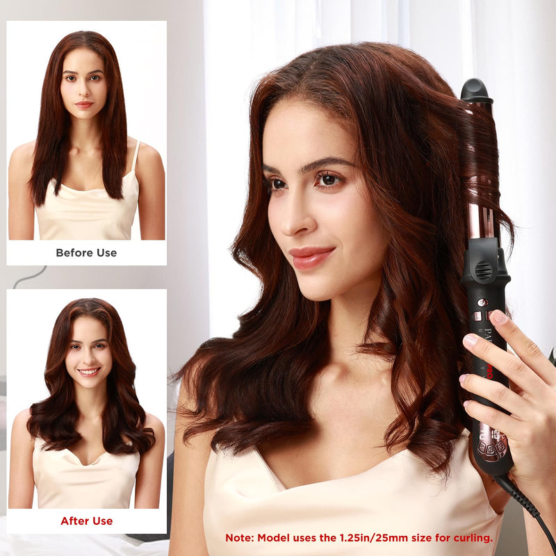25 mm Rotating Curling Iron, Automatic Hair Curler, Dual Voltage | Nano Titanium Coating, Curling Tongs, LCD Display, Negative Ions, Auto Shut-Off, 120–210°C, for Loose Curls 25MM