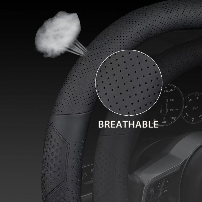 Leather Steering Wheel Cover for Chevy Silverado 1500 2500 3500, 14.5-15 inches Car Steering Wheel Cover with Non-Slip Breathable (Black) Black