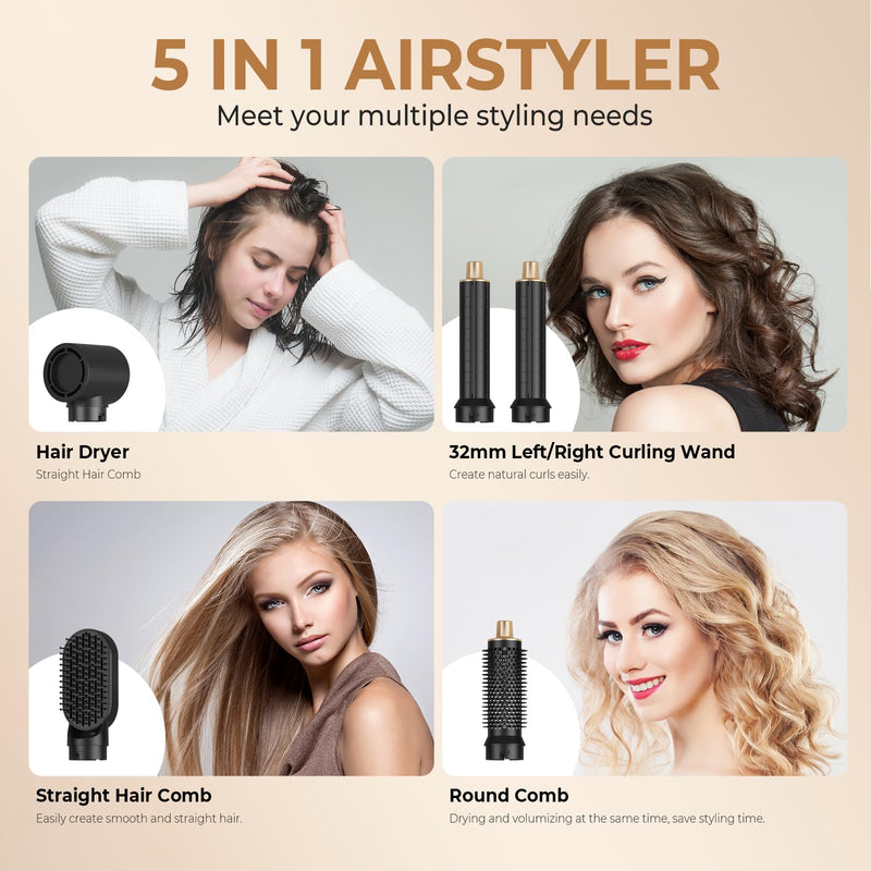 Mogawave Air Styler 5 in 1, 1000w Hair Dryer Brush, | 30mm Air Curler, Detachable Multi-Hair Styler Tools for Drying Curling Volumizing Straightening, for Salon Blow-Out Look Blackgold