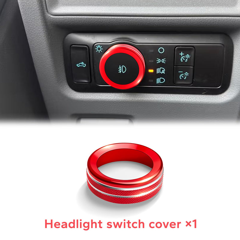for Ford F150 Accessories 2021-2025 & Super Duty F250 F350 F450 2023-2025, 9pcs Aluminum Alloy Knob Cover Trim Set - Push Start, A/C, Vol Tune, Headlight, Pro Trailer & Drive Mode (Red) Red