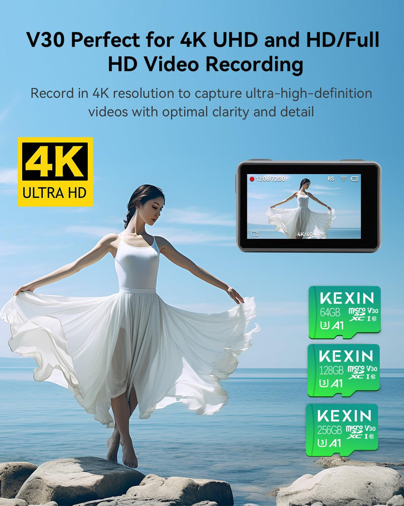 KEXIN 128GB Micro SD Card 3 Pack with Adapter - Up to 90MB/s 4K, V30, A1, C10, 4K UHD High Speed microSDXC UHS-I Memory Card Compatible with Action Camera Drone Game Smartphone Tablet 128G 3Pack