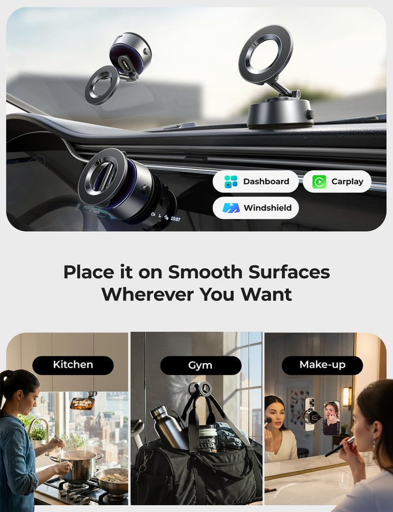 LISEN SuctionPro Vacuum Magnetic Phone Holder Electric Content Creator Phone Holder 360 Adjustable MagSafe Suction Cup Car Phone Mount fit Video Recording for iPhone 17 Pro Max Air 16 15 14 13 Black
