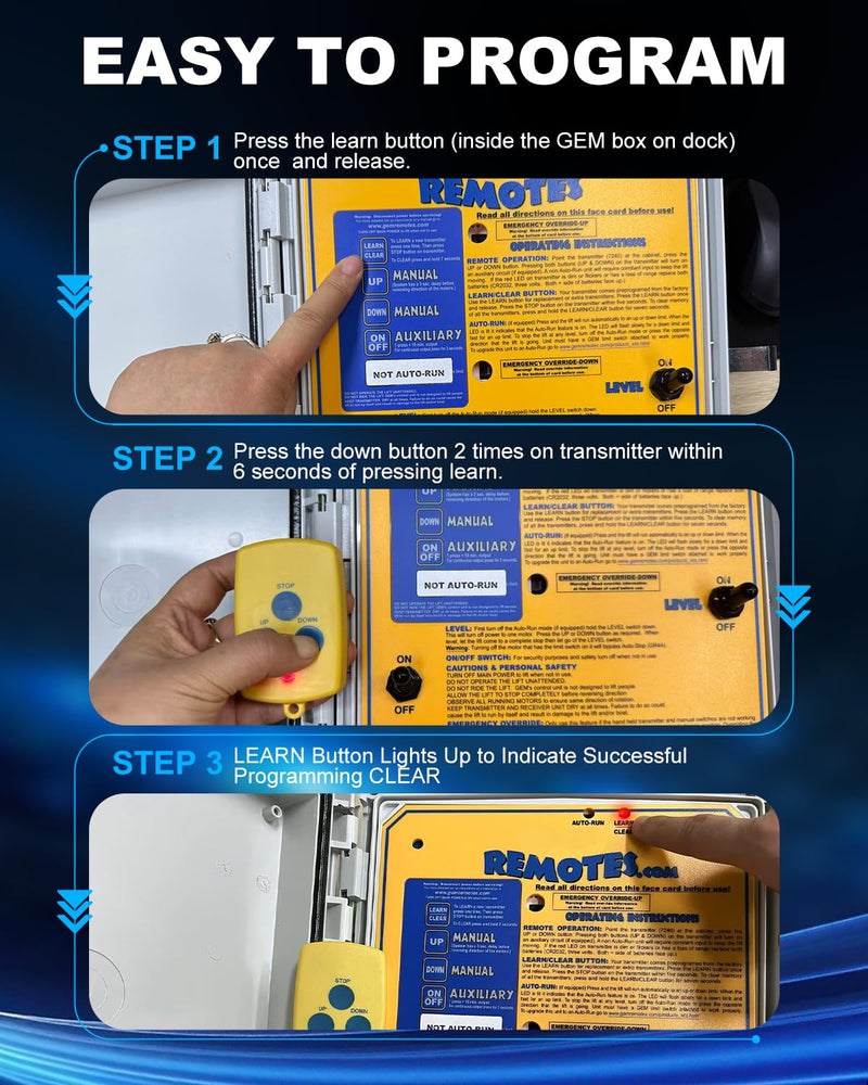 3-Button Boat Transmitter for Gem Wireless Boat Lift Systems Post-March 2007, 372MHz, 300FT Long Range, Water-Resistant & Floats, SP-7240, 5-Year Free Replacement