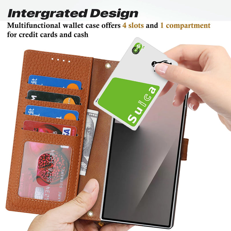 Genuine Leather Case for Galaxy Z Fold6 Wallet Case for Samsung Galaxy Z Fold 6 5G Magnetic Flip Cover Book Purse Card Holder Kickstand Shockproof Phone Cover-Brown Brown
