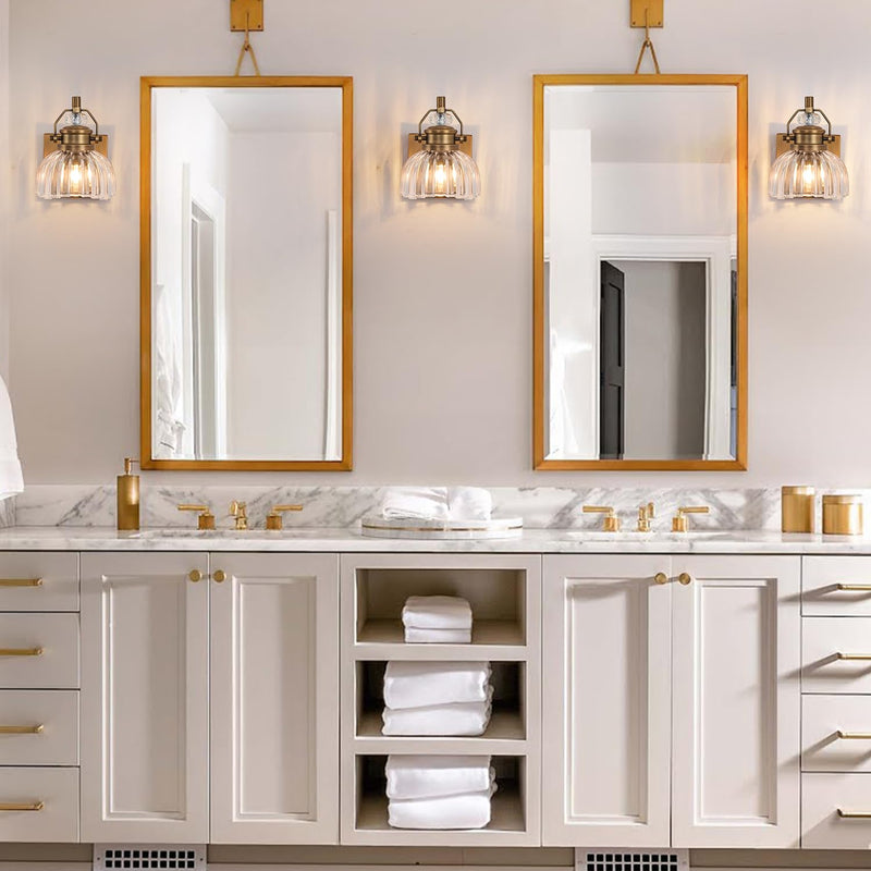 Brass Vanity Light with Clear Glass Shade - Single Bulb Wall Sconce, Bathroom Light, Vintage Bathroom Fixture (L 5.91 in. x W 7.87 in. x H 7.87 in., Bulb not Included) Brass 1-light