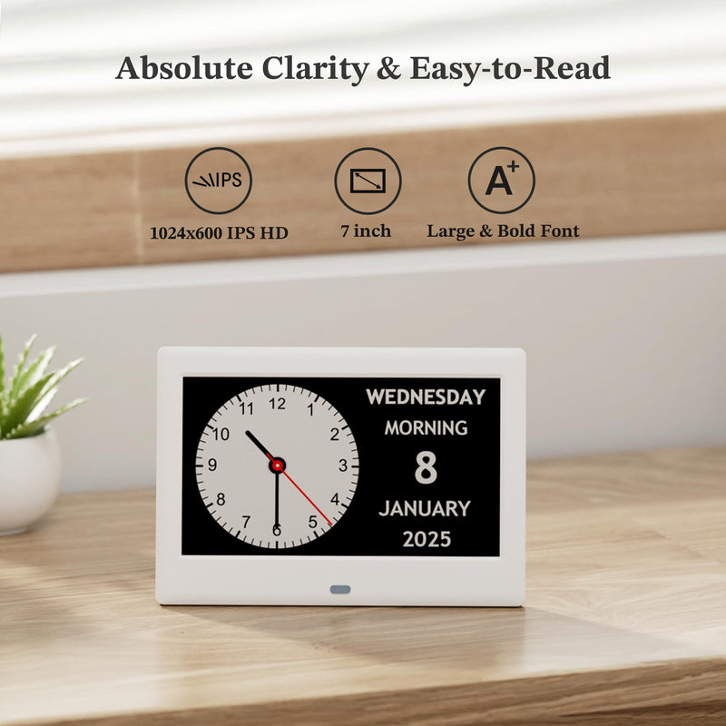 2025 NEW, Digital Clocks, 7'' Dementia Clock with Date and Time for Elderly, Auto-Dimming, 12 Reminders & 6 Alarms, Button & Remote Control, Auto DST, Digital Calendar for Seniors Large Display White