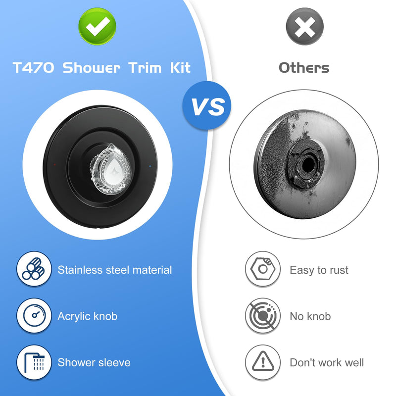 Matte Black Shower Trim Kit, Compatible with Moen T470 Chateau Shower Trim Kit for 1225 Trim Kit, With 1225 Replacement Cartridge, 104421 Removal Tool, Escutcheon, Tubes, Shower handle and Screws