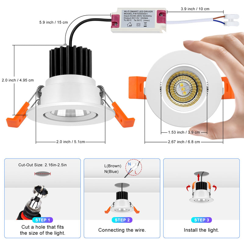 2 Inch Smart Recessed Lighting, 5W RGB WiFi LED Downlight, Dimmable RGB Color Changing & CCT 2700K–6500K, Compatible with Alexa & Google Home, 120V Round Recessed Ceiling Light with Driver (4 Pack) 4 Pack