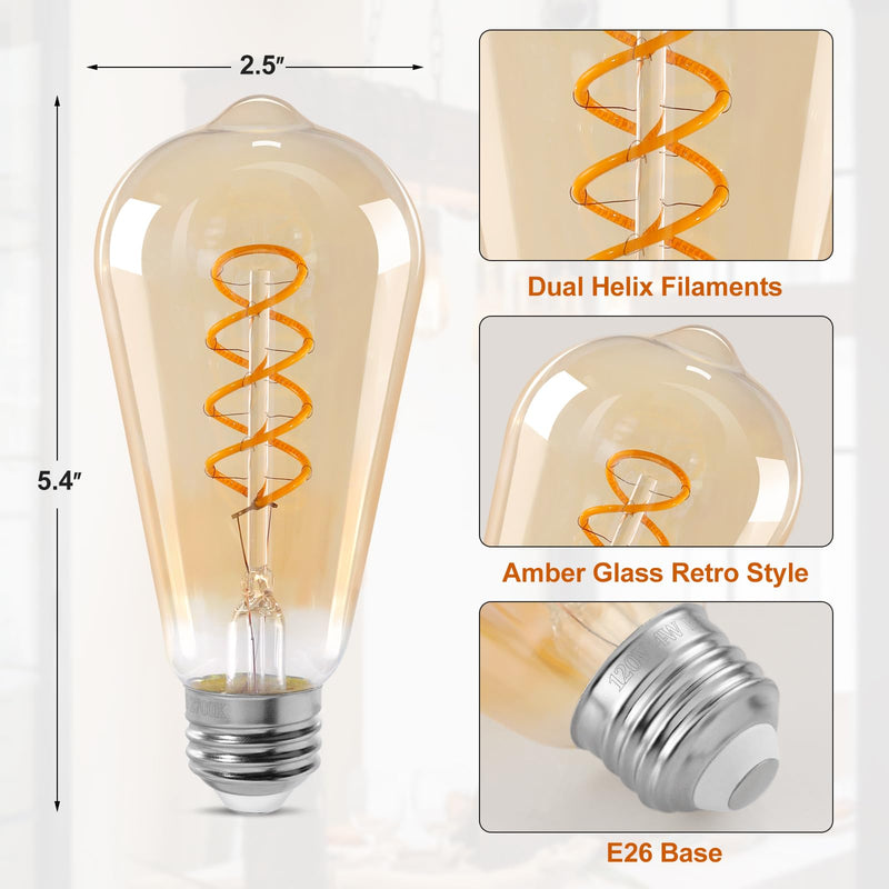 ST64 LED E26 Vintage Edison Light Bulbs, Light Amber Glass, Dimmable, 4W(40W Equivalent) 300 Lumens, 2500K Warm White, Spiral Filaments Design, Antique Style, 25000 Hrs, 4-Pack Light Amber-2500k 4 Pack