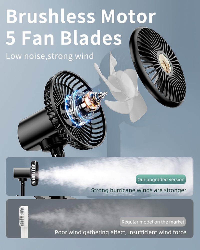 Usb Car Fan Oscillating Rechargeable Fan with Colorful Light Battery Powered, 360° Rotatable Portable Clip Fans That Blow Cold Air, Small Cooler Mini Fan Silent, for Vehicle Van Truck Suv Rv Black