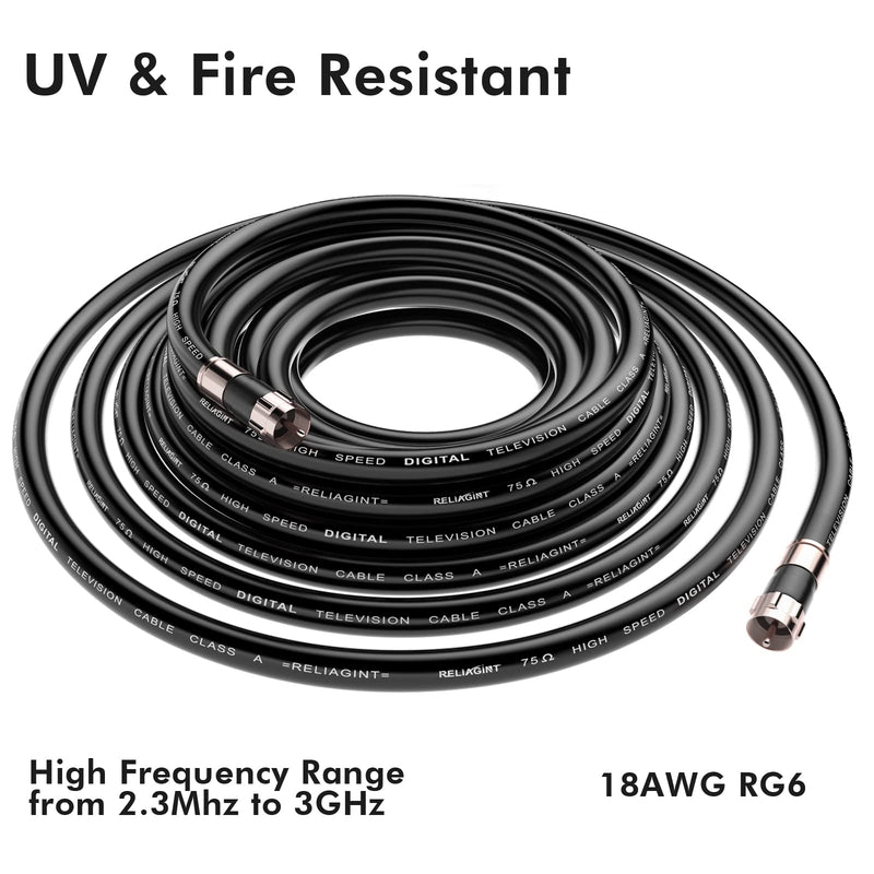 50ft RG6 Coaxial Cable Black, 75 Ohm Coax Cable with F Connector & F81 Double Female Coupler, Low Loss High-Speed TV Antenna Extension Cord for HD TV, Satellite & Dish 50 FT