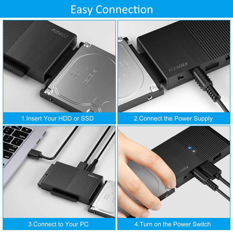 FIDECO USB 3.0 to SATA or IDE Adapter, Hard Drive Adapter Cable Universal for 2.5/3.5 inch SATA HDD/SSD & IDE HDD with 12V/2A Power Adapter