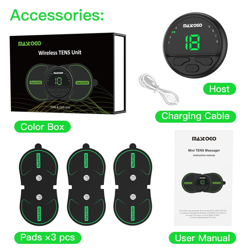 Wireless TENS Unit 8 Modes Muscle Stimulator for Pain Relief, Miniature Rechargeable TENS Device with Button Control, TENS Unit Massager for Back Sciatica Shoulder(3pads)