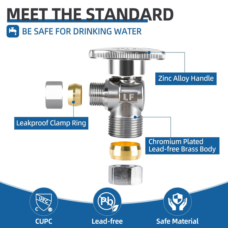 (10 Pack) BH Angle Stop Valve 1/2" Nominal Compression x 3/8" OD, 1/4-Turn Shut Off Valve, Chrome Plated Brass, for Bathroom Toilet Kitchen Shower Plumbing 10PCS
