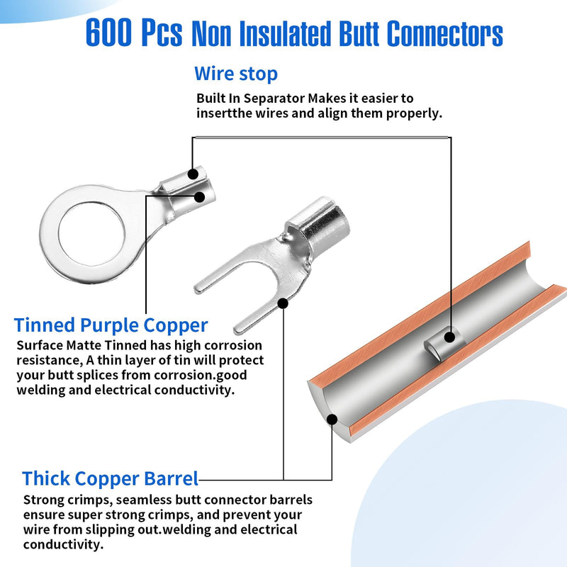 Tellegloww 600pcs Non Insulated Ring Terminal Kit Butt Fork Connectors Kit, AWG 22-10 Copper Connector Seamless Uninsulated Butt Splice Wire Terminals Assortment Electrical Wire Crimp Connectors 600