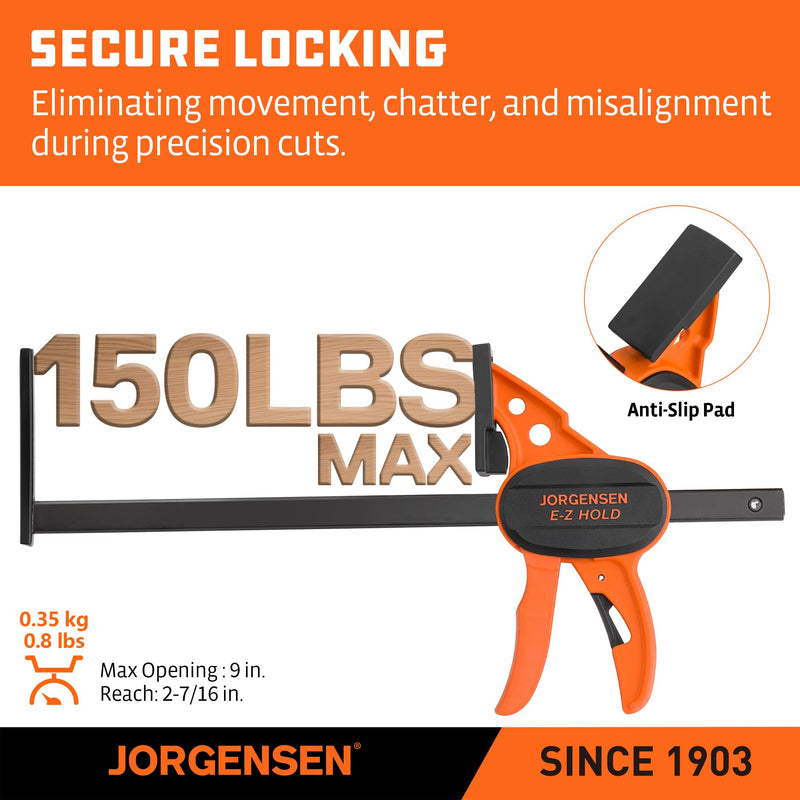 Jorgensen 9" Track Saw Clamps, Quick Release Clamp for Woodworking, Circular Saw Guide Rail System, 150lbs Load Limit, 2-7/16" Throat Depth, 2 Pack