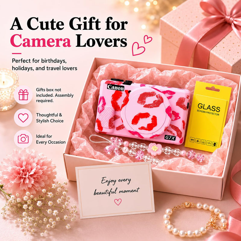Cute Camera Case for Canon G7X Mark III,Silicone Protective Cover with Removable Lens Cap,Bracelet Wrist Strap & 2 Pack Tempered Glass Screen Protector for Women (Pink Lips) Pink Lips
