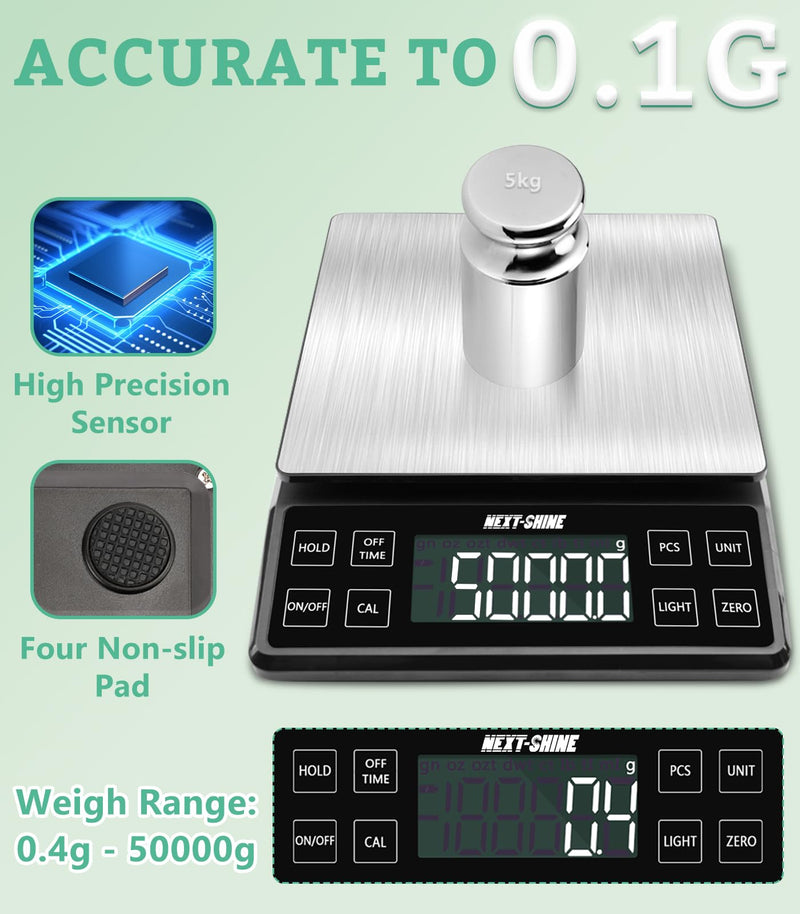 NEXT-SHINE Food Kitchen Scale 11lb, 0.1g/0.01oz Precise Graduation Rechargeable Digital Scale with Nine Units Large Tray Stainless Steel Platform LCD Display for Meal Prep Cooking Baking Black