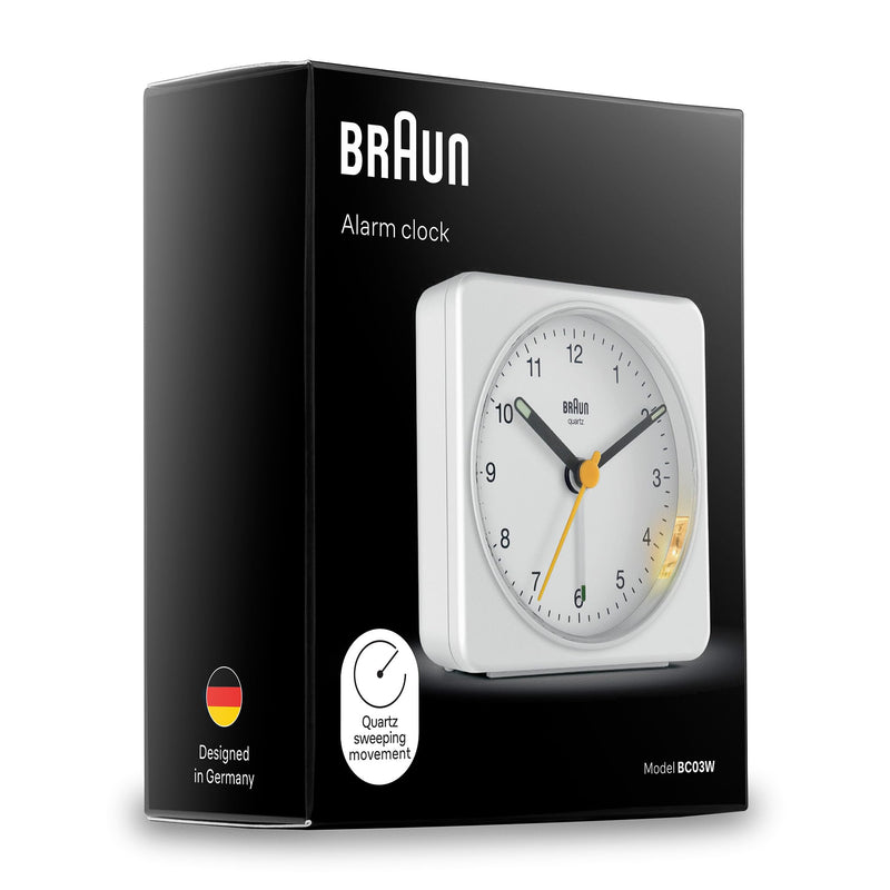 Braun Classic Analogue Alarm Clock with Snooze and Light, Quiet Quartz Sweeping Movement, Crescendo Beep Alarm in White, Model BC03W. Small