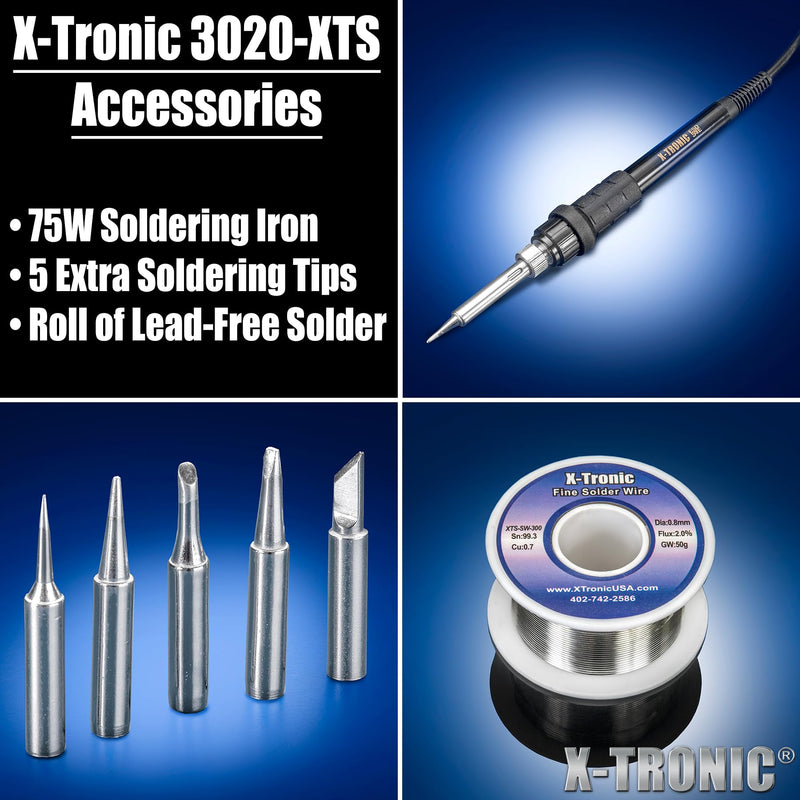The Original X-Tronic 3020-XTS • 75W Soldering Iron Station Kit • 2 Helping Hands • Silicone Tool Mat • 5 Extra Tips • 50g Roll of Solder • Brass Sponge • Cleaning Flux • C/F Conversion • Auto Sleep! Classic Style - 5 Extra Solder Tips
