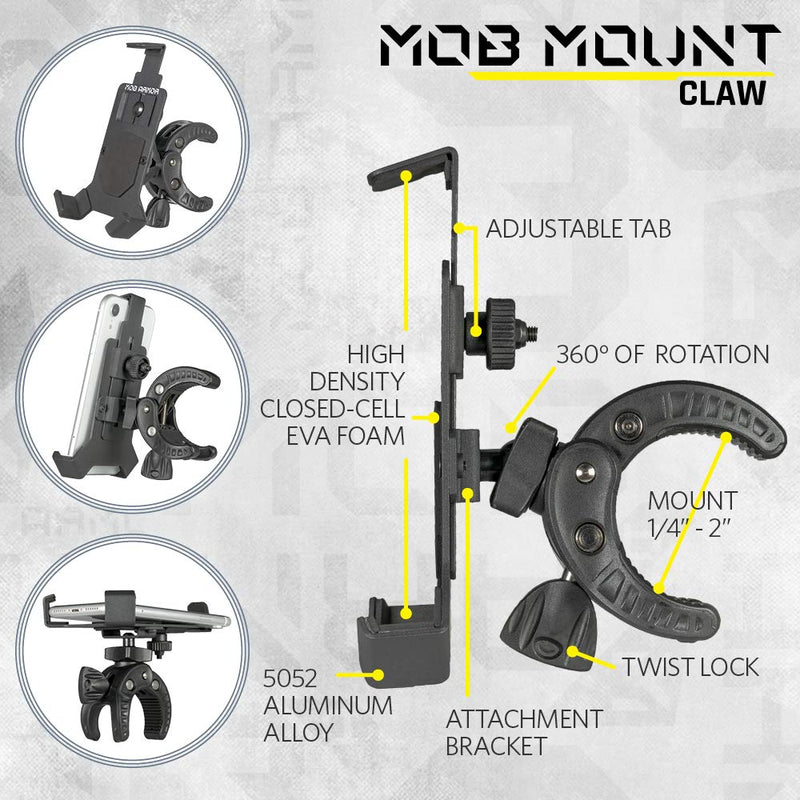 Mob Armor Mob Mount Claw with 360° Rotation - Universal Phone Mounting Clamp for Motorcycle, Jeep, Dirt Bike, Car, ATV, Boat, Truck, Emergency Vehicle - Large, Black