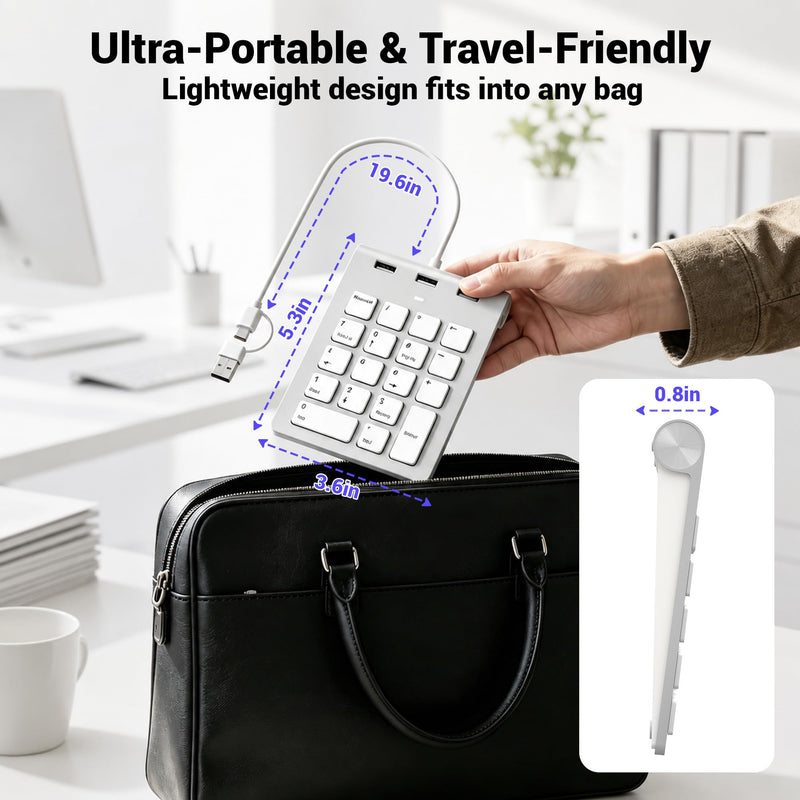 2 in 1 USB & USB-C Number Pad with USB Hub for Laptop/PC, 15° Ergonomic | Wired Numeric Keypad for MacBook/Laptop/Desktop/Surface/iPad, Plug & Play 18 Keys Numpad for Windows, macOS & Chrome OS