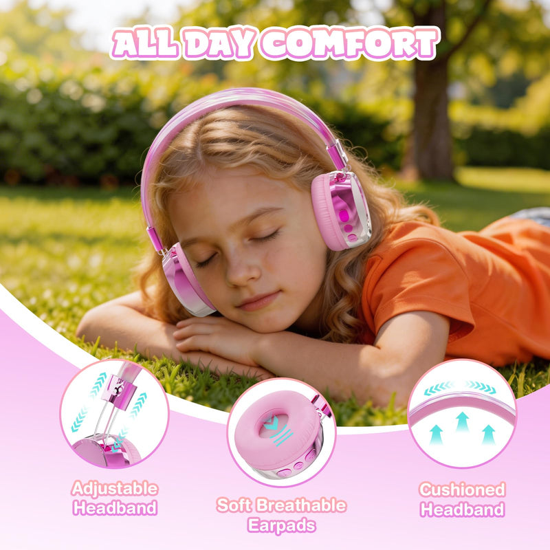 Owliwise Kids Bluetooth Headphones, 74/85dB Volume Limited, 60H Playtime, Built-in Mic, Fast Charging, Bluetooth 5.4, Foldable Toddler Wireless Over-Ear with AUX Cord, for iPad/Tablet/Airplane Pink