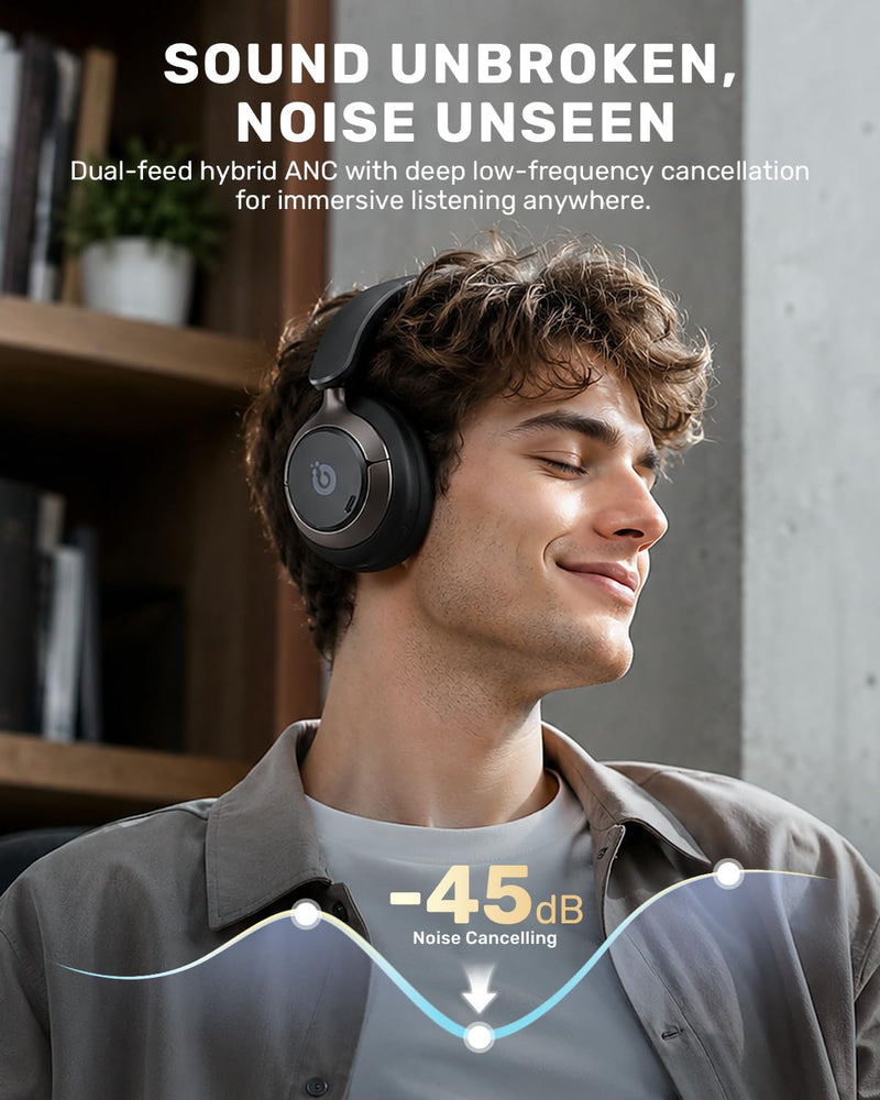 Boean Active Noise Cancelling Headphones, Bluetooth 6.0 Wireless Over Ear Headphones with 120H Playtime, 360° Spatial Audio & 5 ENC Mics, Soft Memory Foam, Transparency Mode for Office Travel Gaming Black